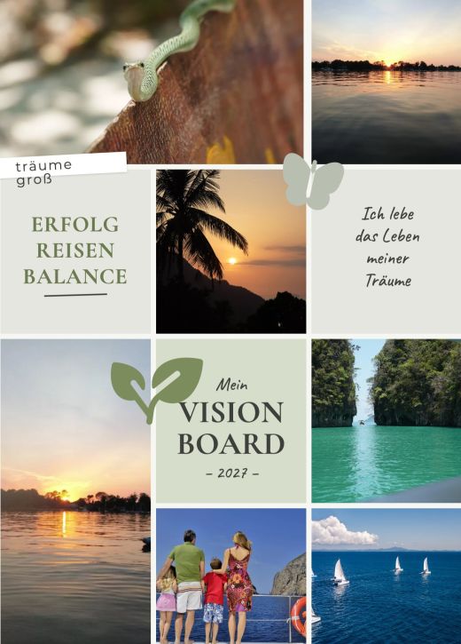 Foto-Raster in Salbeigrün mit Sonnenuntergängen, Lagune und Segelbooten, Titelfeld Mein Vision Board 2027