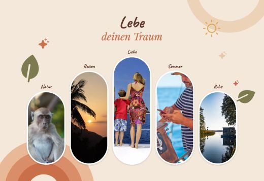 Boho-Vorlage mit fünf Bogen-Fotos, Titel Lebe deinen Traum, Sonnenbögen und Blättern