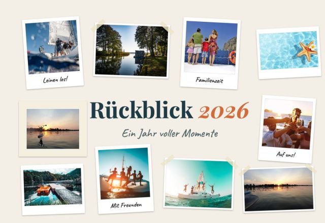 Jahresrückblick-Collage 2026 mit zehn Polaroids: Segelboot, Familie am Meer, Sonnenuntergang am See, Freunde