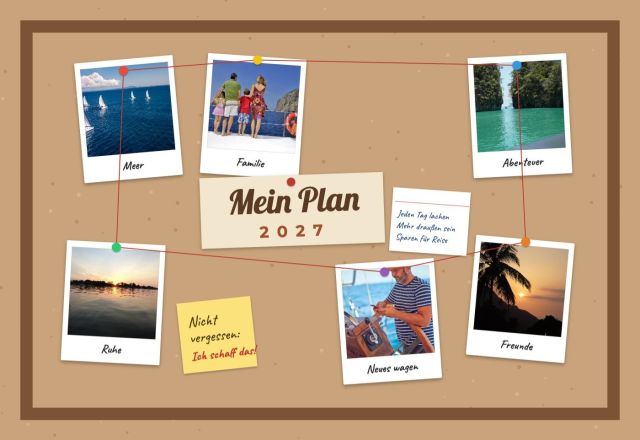 Kork-Pinnwand mit sechs Polaroids, roten Fäden, Karte „Mein Plan 2027“ und gelbem Haftzettel