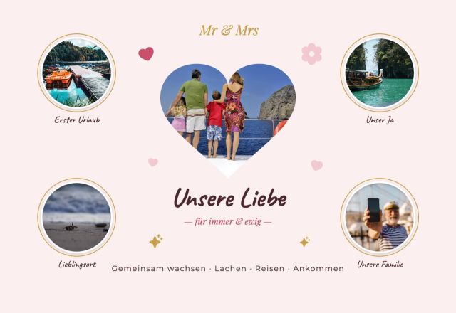 Herz-Foto einer Familie am Meer, umgeben von vier runden Urlaubsfotos auf rosa Hintergrund