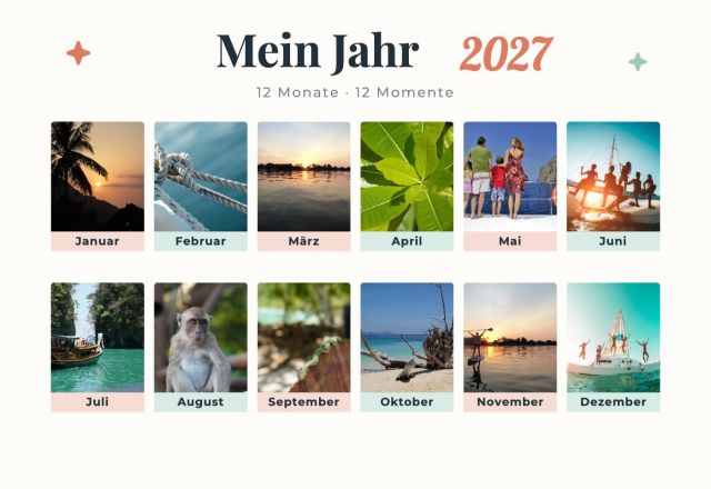 Vorlage Mein Jahr 2027 mit zwölf Monatsfotos von Januar bis Dezember in zwei Reihen