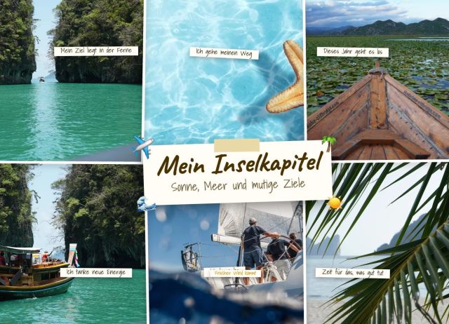 Vision Board Insel Collage: Sonne, Meer und mutige Ziele – als Leinwand gestalten