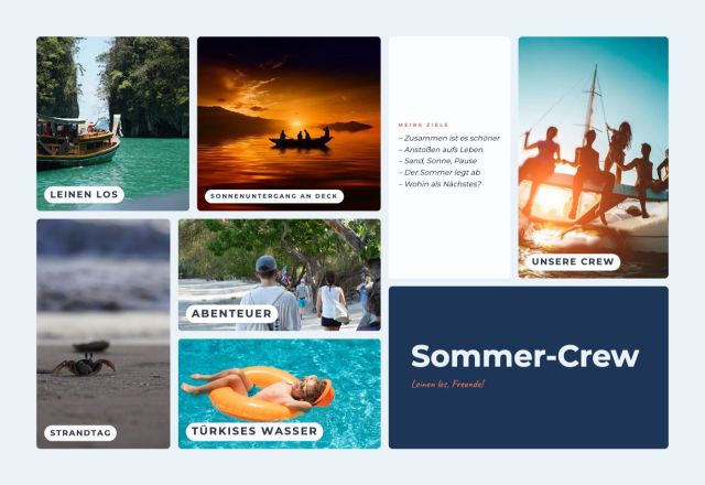 Vision-Board-Vorlage „Sommer-Crew – Bento am Wasser“