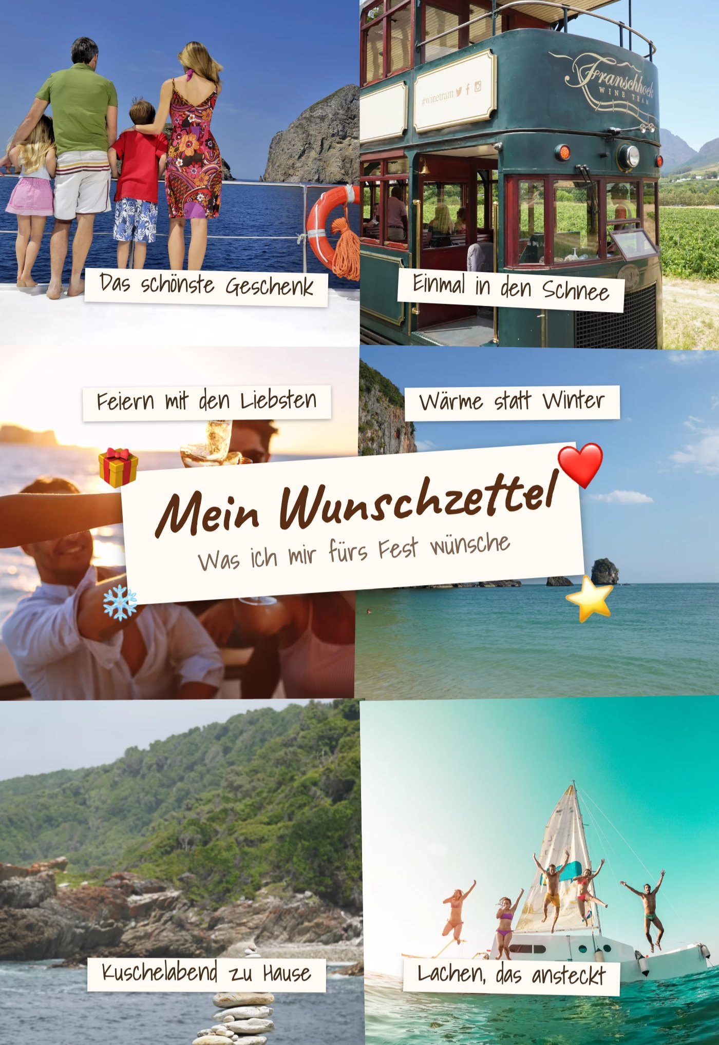 Weihnachts-Collage mit Familie, Freunden und Meer, in der Mitte der Titel „Mein Wunschzettel“