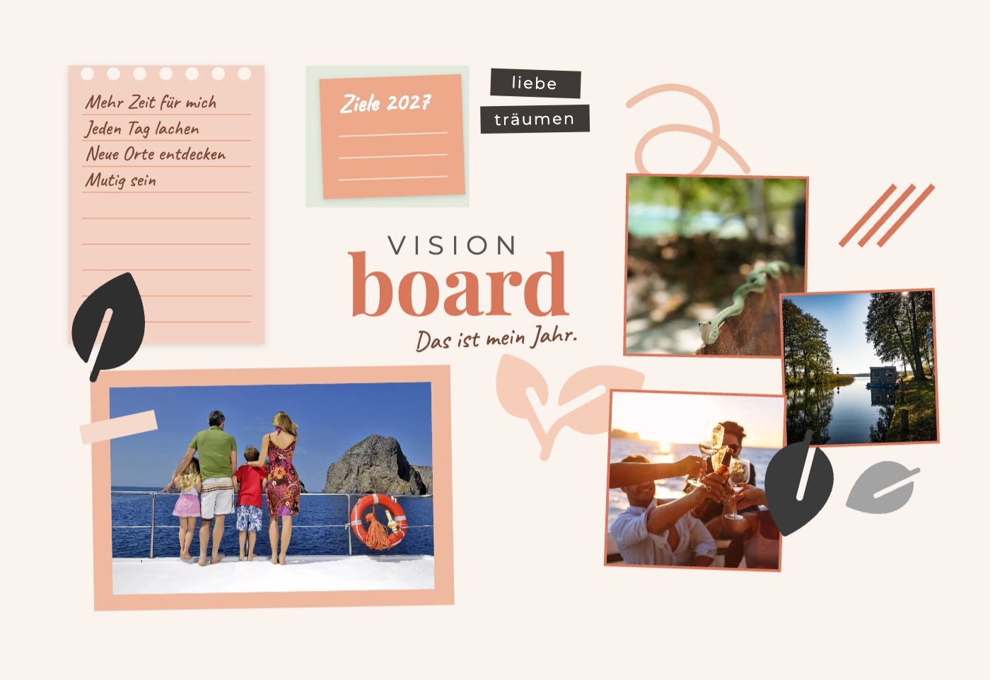 Vision Board in Terrakotta mit Notizblock, Haftnotiz „Ziele 2027“ und vier gerahmten Fotos