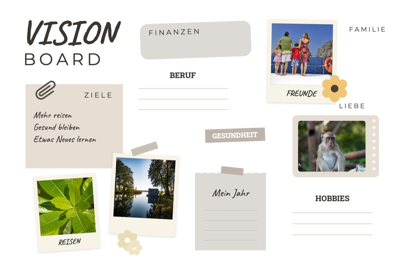 Beiger Vision-Board-Planer mit Feldern für Finanzen, Beruf, Familie und vier Polaroid-Fotos