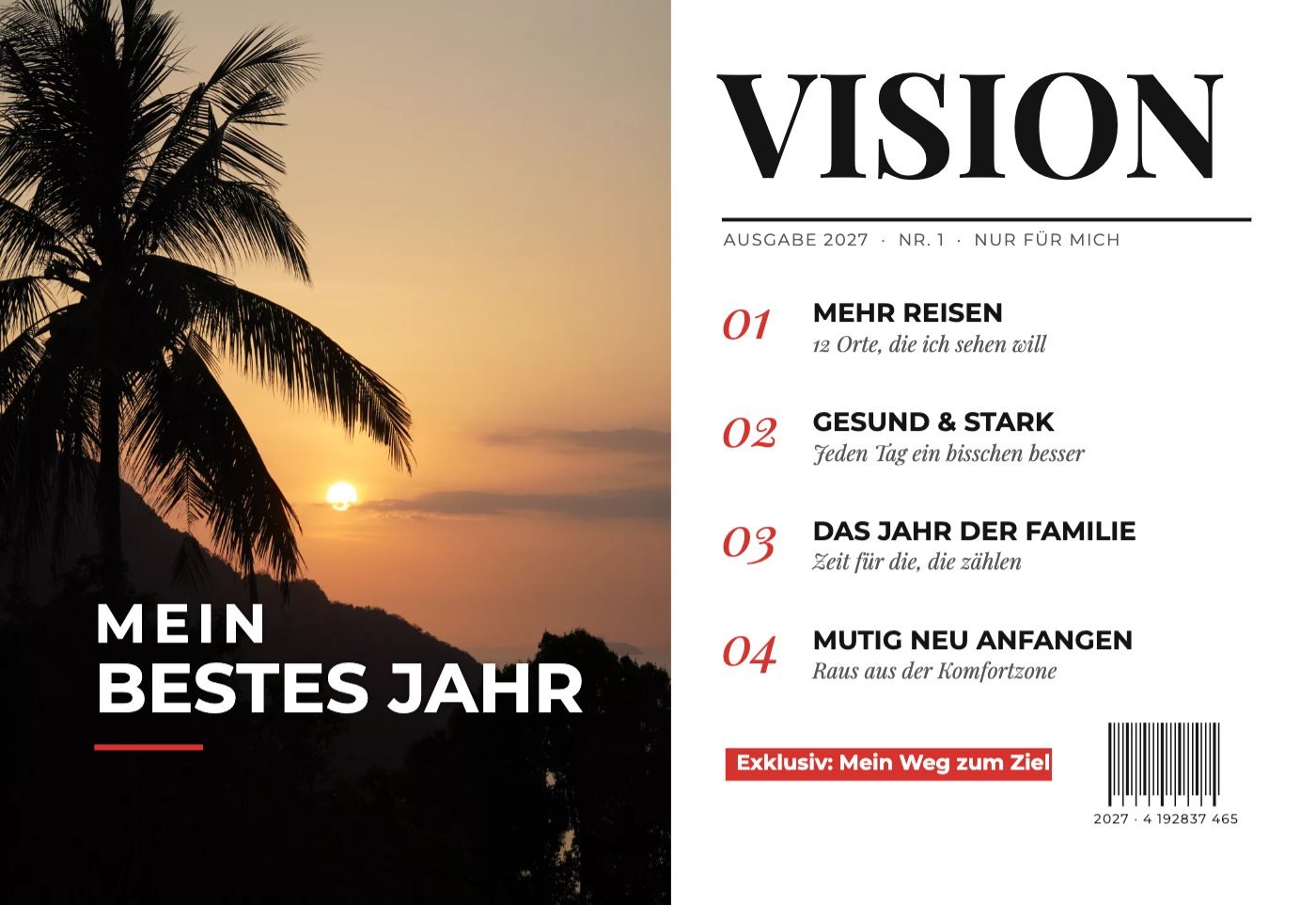 Magazin-Cover mit Palmen-Sonnenuntergang, Titel VISION und vier Zielen für 2027