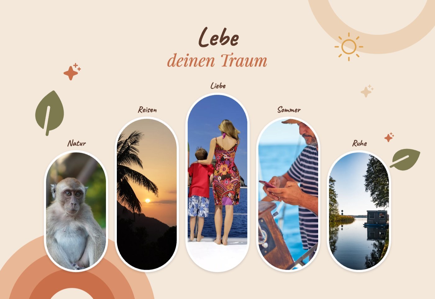 Boho-Vorlage mit fünf Bogen-Fotos, Titel Lebe deinen Traum, Sonnenbögen und Blättern
